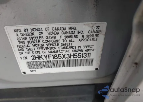 2003 Honda Pilot Ex-L z USA, uszkodzony, nr VIN 2HKYF185X3H551311